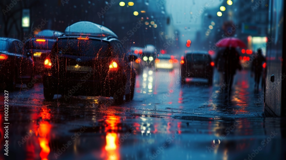 cars passing on a rainy street cars passing on a rainy street
