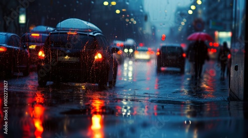 cars passing on a rainy street