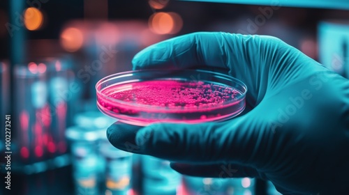 Scientist conducting research with petri dishes filled with pink agar in a la...