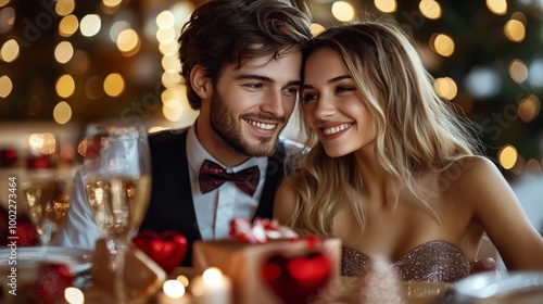 Young couple smiling together amid heart decorations in a cozy cafe setting