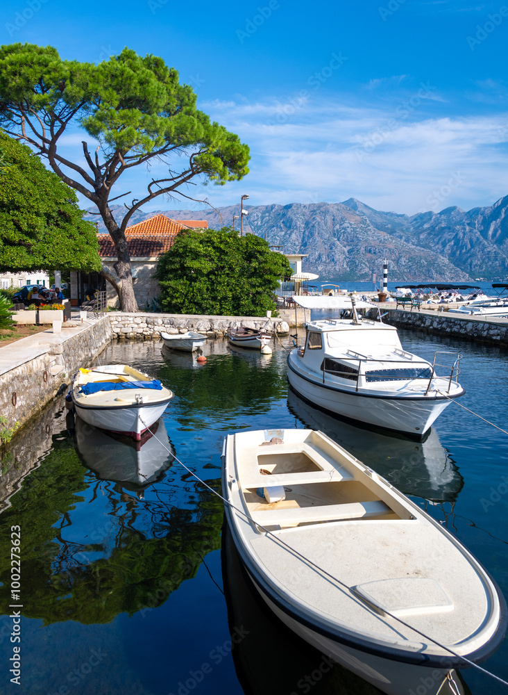charming small harbour in Prcanj on Kotor bay in Montenegro