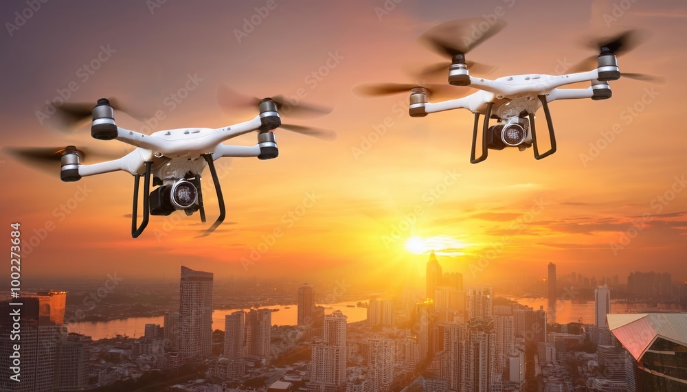 Two drone quad helicopters flying with high resolution digital camera illuminated with flash Two drone quad helicopters flying with high resolution digital camera illuminated with flash