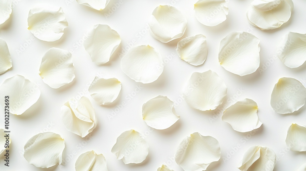 White petals scatter on white surface, drifting as if airborne White petals scatter on white surface, drifting as if airborne
