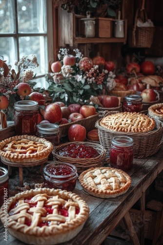 Autumn harvest display with freshly baked pies and jars of preserves on a rus...