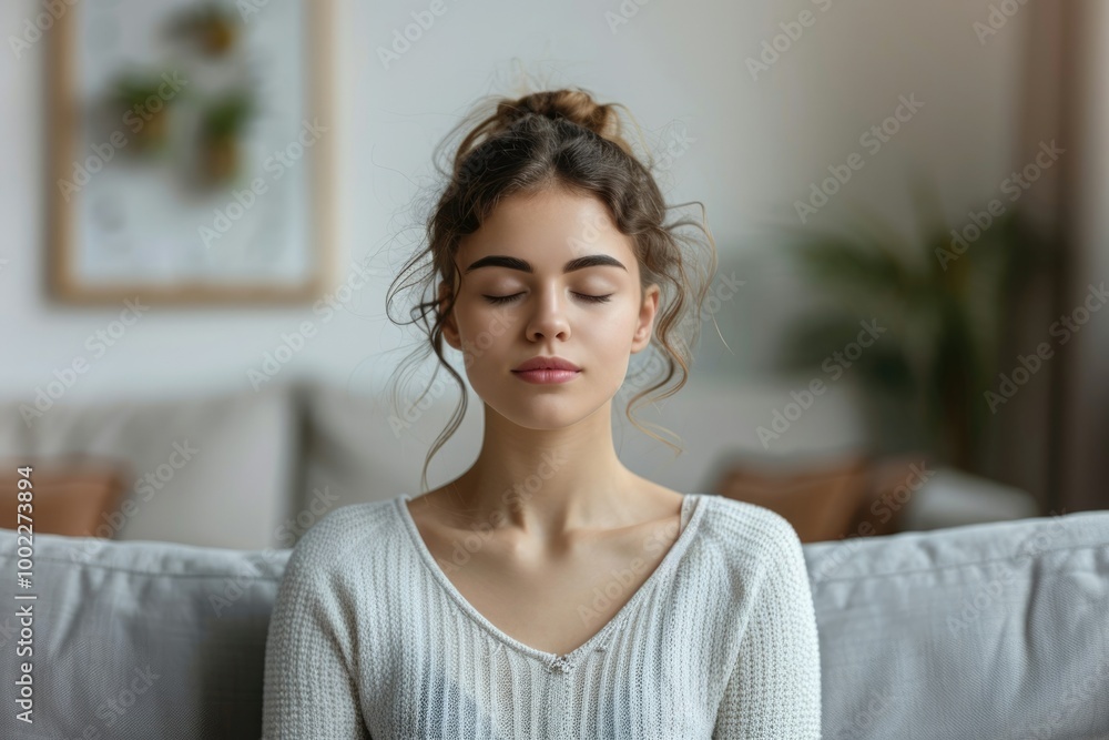 Young woman relaxes on couch at home meditating peacefully. Young woman relaxes on couch at home meditating peacefully.