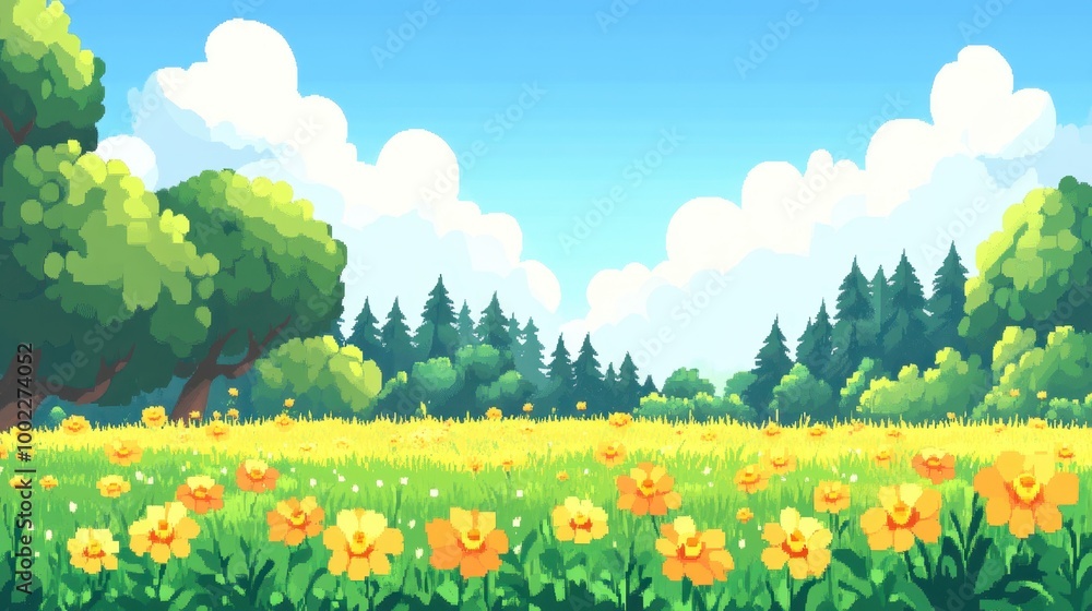 Fototapeta premium Colorful Flower Meadow in Bright Blue Sky