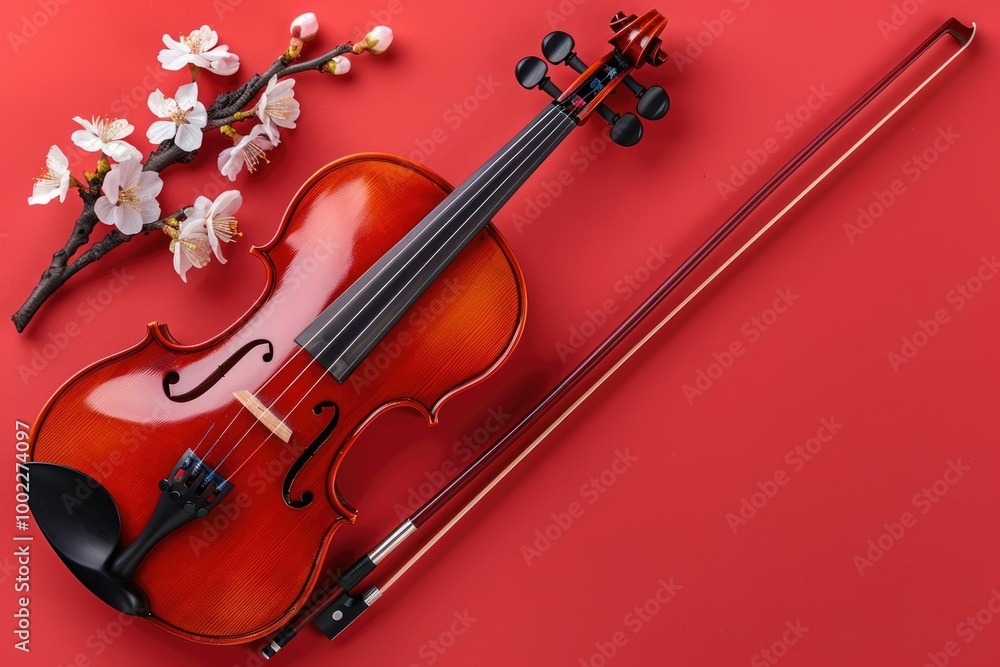 Fototapeta premium Close up of Branch of blossoming cherry and violin with bow on pastel Calming Coral background