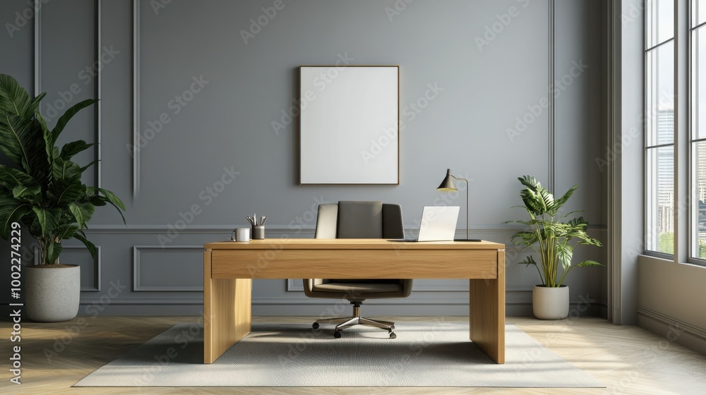 Mock up frame in a simple, empty business executive office with natural wooden desk and light grey walls, no decorations, 3D render Mock up frame in a simple, empty business executive office with natural wooden desk and light grey walls, no decorations, 3D render