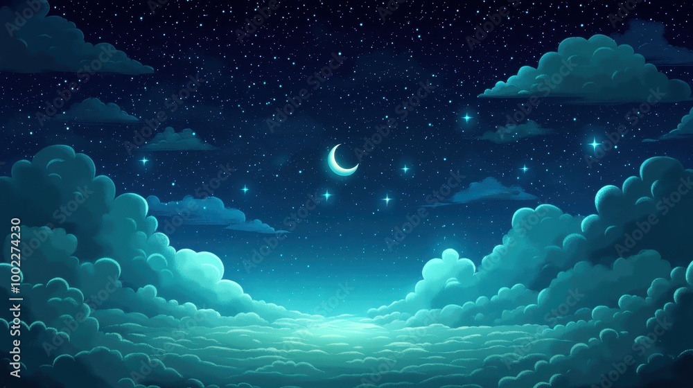 Moonlit Night Sky with Twinkling Stars and Clouds Moonlit Night Sky with Twinkling Stars and Clouds