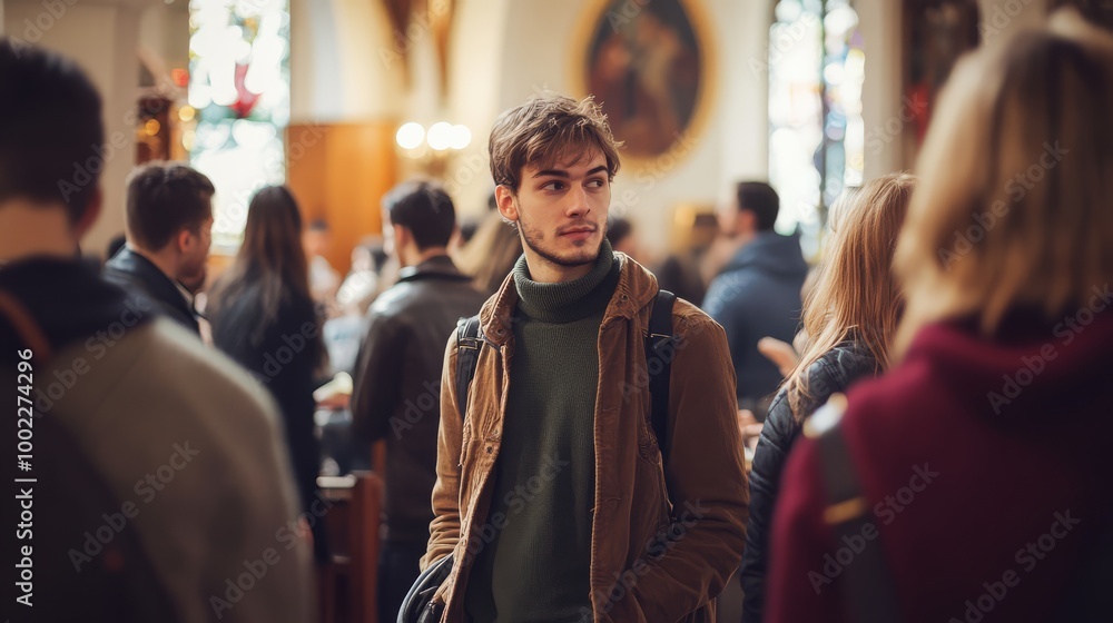 A young man with a backpack stands in a crowded room, looking around with curiosity. The setting appears to be an event or gathering. A young man with a backpack stands in a crowded room, looking around with curiosity. The setting appears to be an event or gathering.