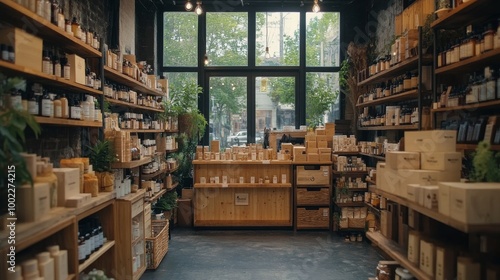 Natural skincare products displayed in a cozy wooden shop in a tranquil setting