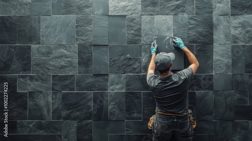 A worker in grey clothing installing dark slate tiles on a wall, showcasing home renovation and construction work.
