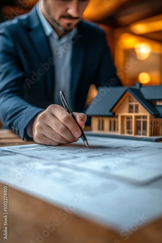 Architectural model creation with detailed blueprints in a bright workspace d...