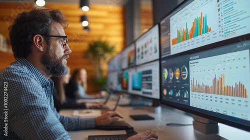 Man analyzing data on multiple screens in a modern office during daylight hours