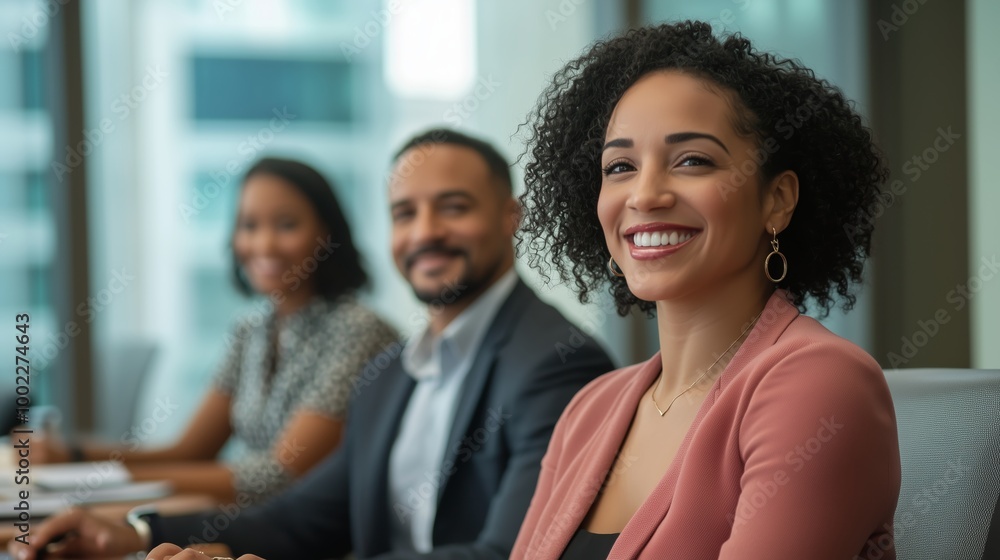 Smiling professionals engage in a business meeting in a modern office with large windows showcasing city views Smiling professionals engage in a business meeting in a modern office with large windows showcasing city views