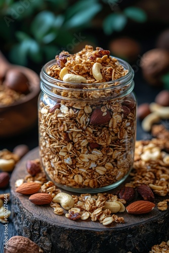 Homemade granola in a jar with nuts and dried fruit on a wooden surface