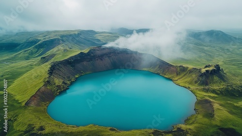 Stunning aerial view of a volcanic crater lake surrounded by lush green hills...