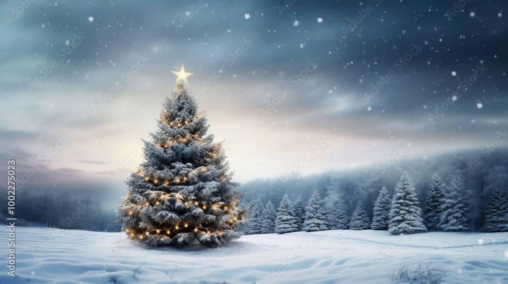 Christmas fir tree in snowy winter landscape Christmas fir tree in snowy winter landscape