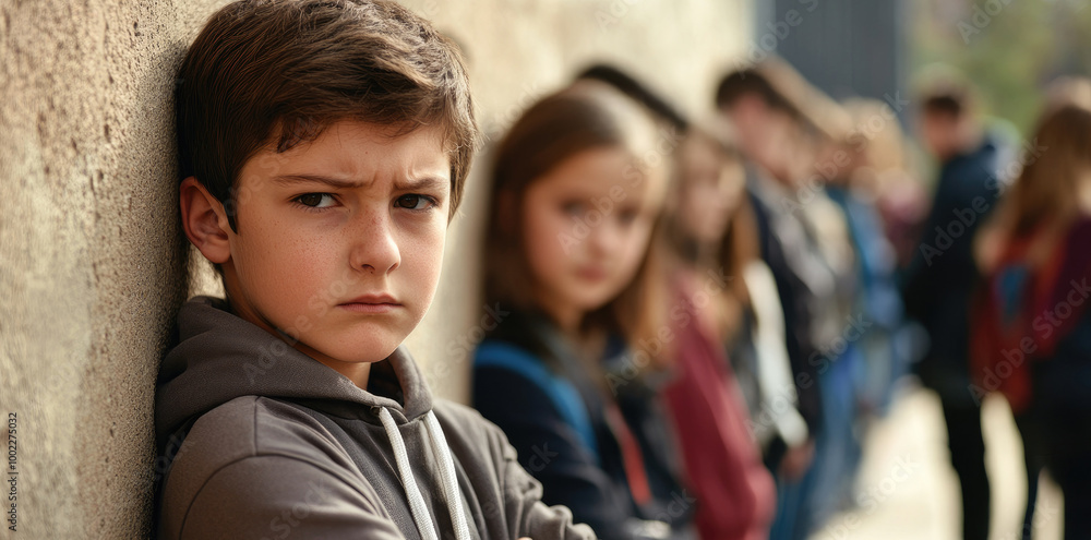 Obraz premium Concerned boy leans against wall, other children in background