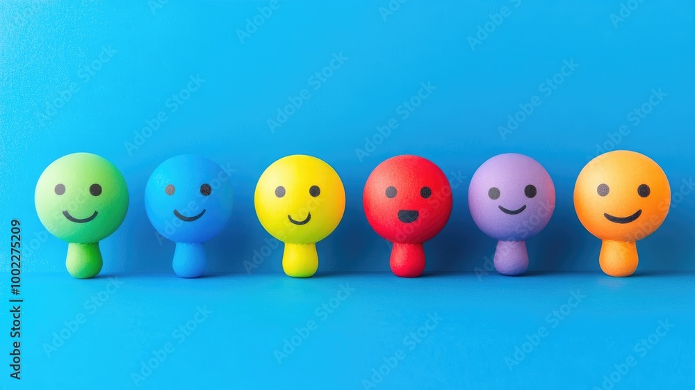 Colorful smiling faces against blue background in row Colorful smiling faces against blue background in row