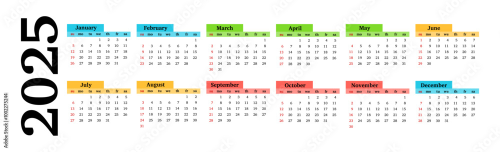 Calendar for 2025 isolated on a white background Calendar for 2025 isolated on a white background