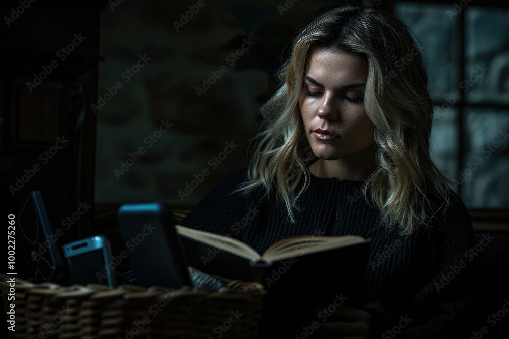 Digital detox woman reads book at home gadgets in basket. Digital detox woman reads book at home gadgets in basket.