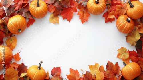 Autumn arrangement of pumpkins and colorful leaves on white background