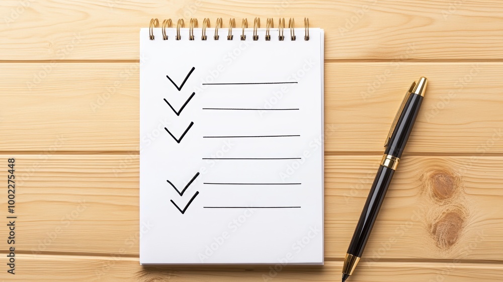A clean notepad with check marks and blank lines, showcasing organization and planning on a wooden desk. A clean notepad with check marks and blank lines, showcasing organization and planning on a wooden desk.