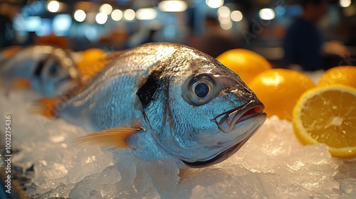Freshly caught fish displayed on ice with lemon and herbs in a vibrant market...