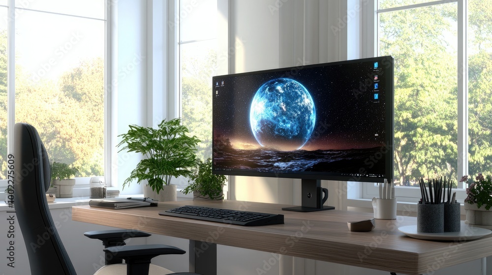 Fototapeta premium A modern home office with a minimalist desk