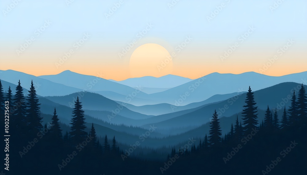 Obraz premium A simplistic illustration of a sunrise over a forest with mountains in the horizon
