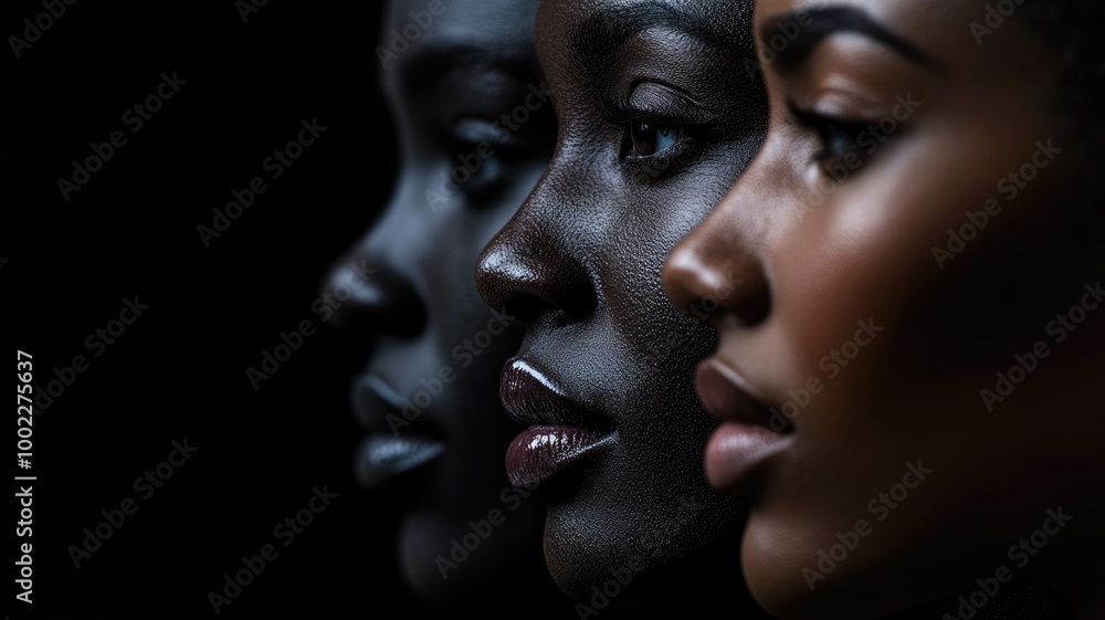 Three African women in profile against dark background Three African women in profile against dark background