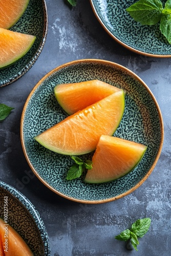 Fresh cantaloupe slices on decorative plates with mint leaves in a kitchen se...