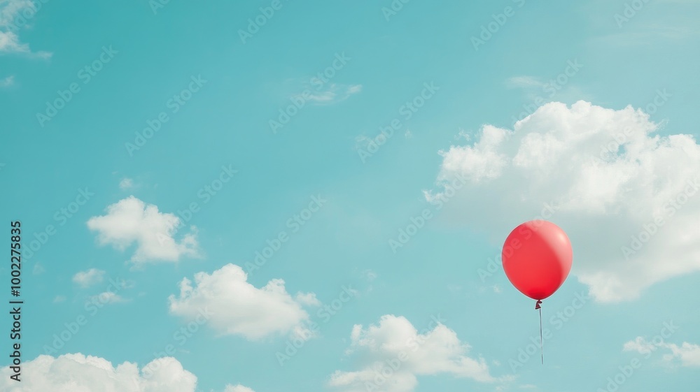 Obraz premium Red balloon floating in clear blue sky with white clouds