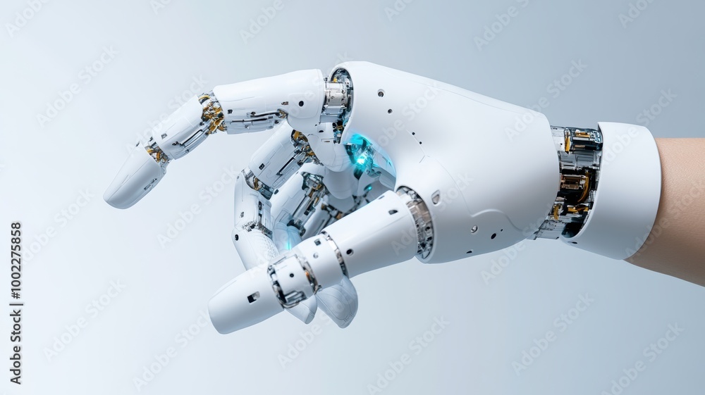 A futuristic robotic hand showcasing advanced technology and design, perfect for concepts of innovation and artificial intelligence. A futuristic robotic hand showcasing advanced technology and design, perfect for concepts of innovation and artificial intelligence.