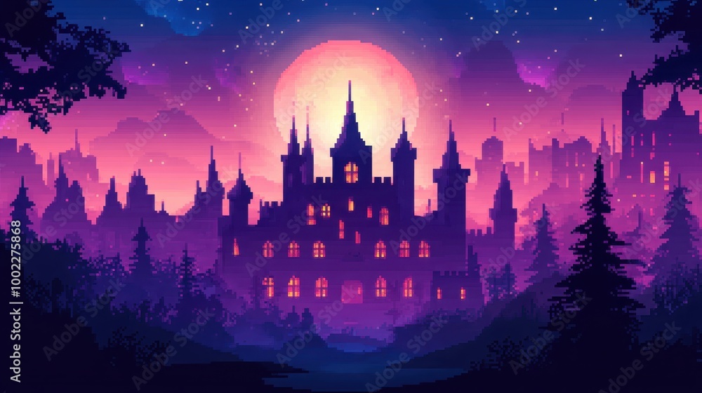 Fototapeta premium Retro Moonlit Castle in Pixel Art Style