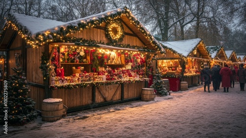 Festive holiday market in a charming winter setting with twinkling lights and...