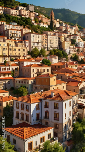 Cityscape of the seaside with beautiful views dense architecture colorful houses  terracotta roofs autumn foliage byzantine church winding streets rustic charm photo