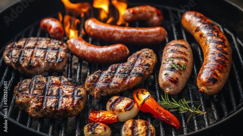 Grilling flavorful sausages and meats over an open flame at a summer barbecue...