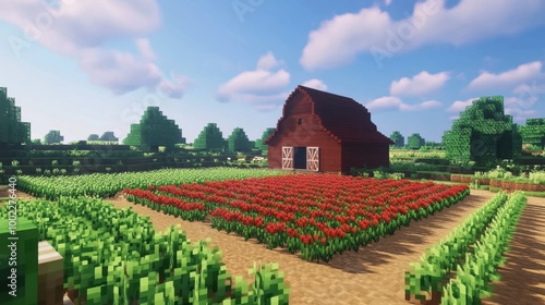 Blocky Farm Scene with Barn and Crops