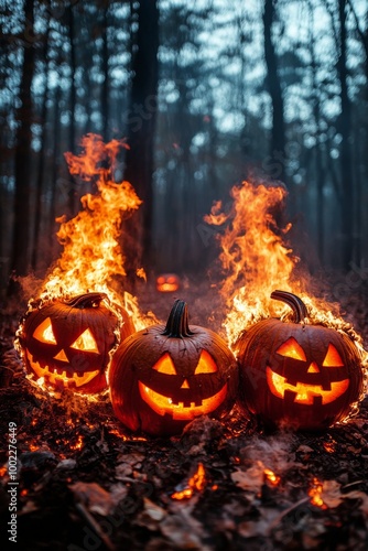 Glowing jack-o'-lanterns with flames illuminating a dark forest path during H...