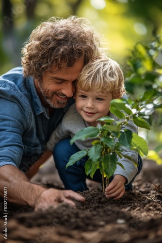 Child plants a young tree with help in a garden during sunny afternoon