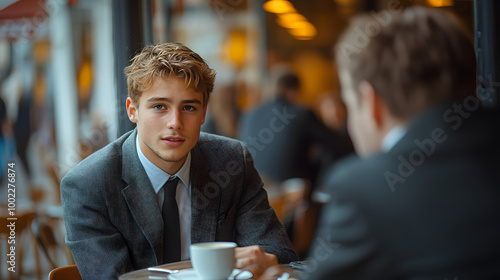 Two Handsome Young Men in Suits Sitting at a Table 