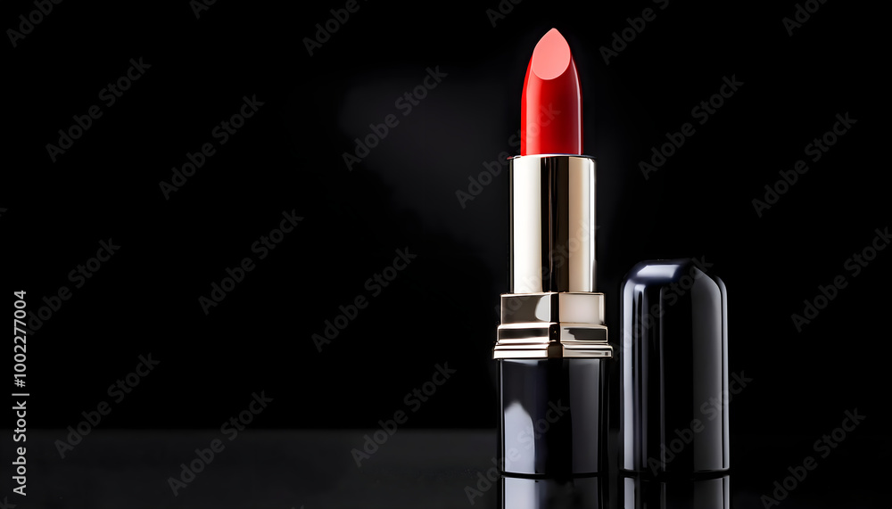 A striking red lipstick stands elegantly against a black background. The image captures the essence of beauty, luxury, and sophistication, making it ideal for fashion and cosmetic theme A striking red lipstick stands elegantly against a black background. The image captures the essence of beauty, luxury, and sophistication, making it ideal for fashion and cosmetic theme