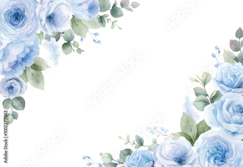 Floral vector corner border frame with blue roses flowers, eucalyptus branches and leaves. Perfect for Christmas card, wedding stationery, greetings, wallpapers, decoration. Hand painted illustration.