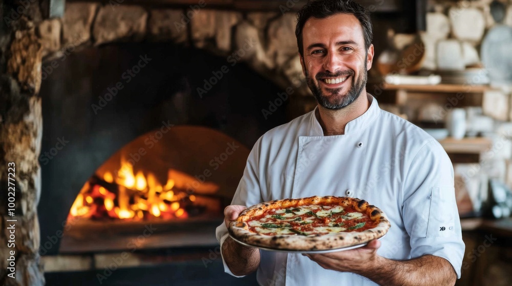 Pizza Chef Holding Freshly Baked Pizza in Front of Wood-Fired Oven Pizza Chef Holding Freshly Baked Pizza in Front of Wood-Fired Oven