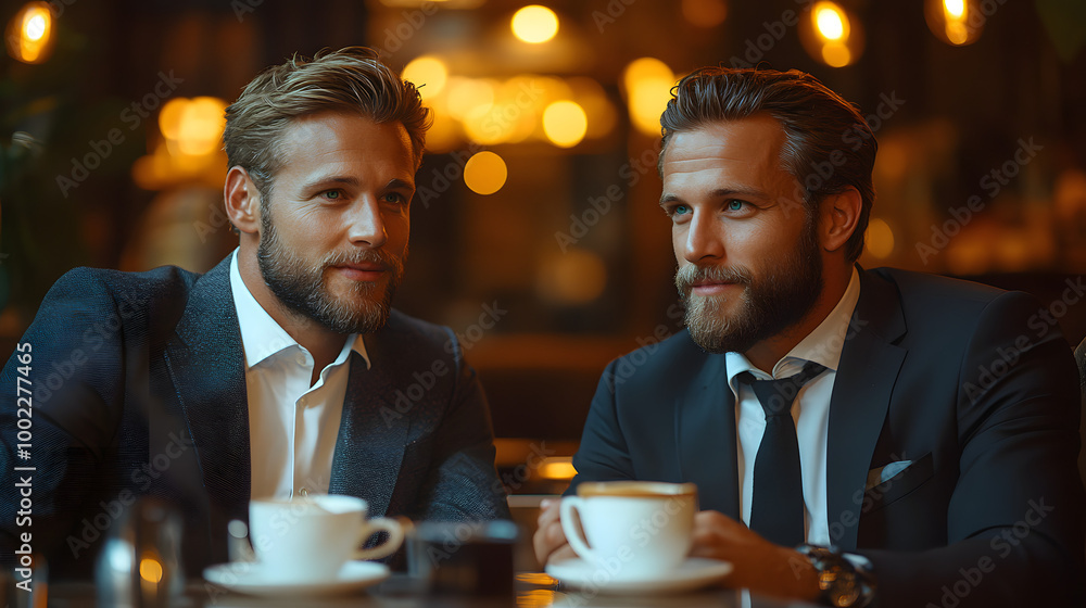 Two Handsome Young Men in Suits Sitting at a Table
Two Handsome Young Men in Suits Sitting at a Table