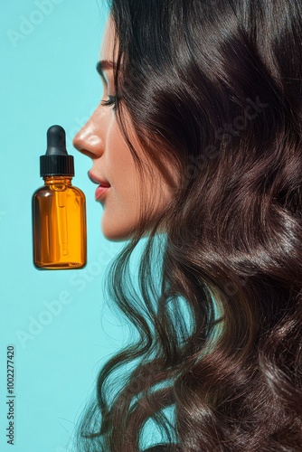 Hair serum bottle surrounded by strands of hair and green leaves on a turquoi...