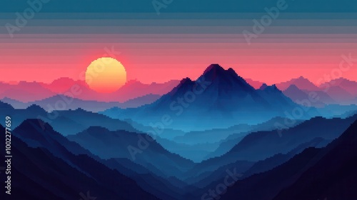 Simplified Pixel Art Mountain Range at Sunset