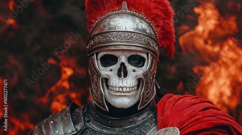 Warrior in Armor with Skull Mask and Fiery Background